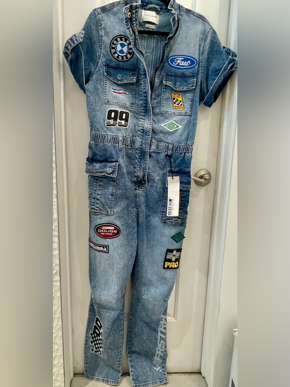 First row women’s  Light Blue Washed Denim jumpsuit with Patches